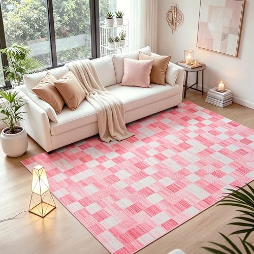 Terrug Pink and White Checkered Rug for Bedroom, 4x6 Washable Area Rugs - Image 2
