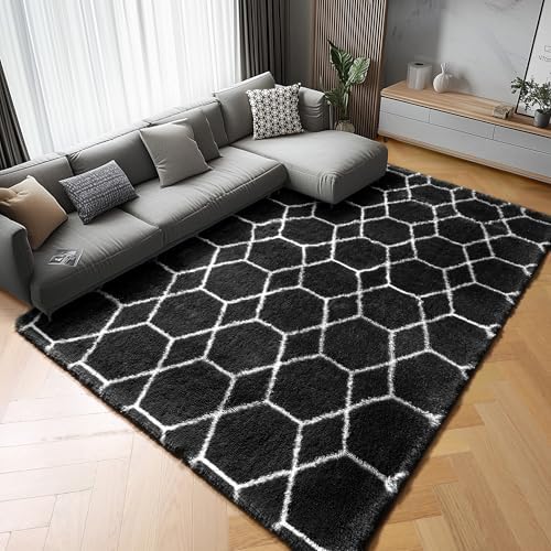 8x10 Area Rugs for Living Room, Fluffy Black and White Bedroom Modern Rug - Image 6