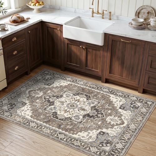 3x5 Washable Area Rug for Entryway: Non-Slip Kitchen Rugs with Rubber Backing for Living Room Vintage Low Pile Stain Resistant Carpet for Bedroom Soft Thin Floor Decor Mat for Dining Room (Beige,3x5) - Image 4