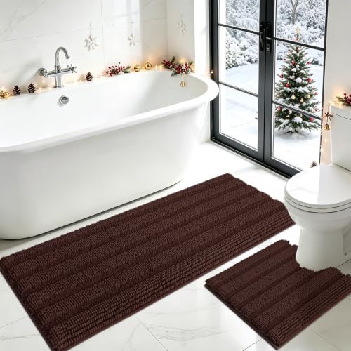 ACCUMTEK Striped Brown Toilet Bathroom Rug Mat Set 2 piece Rug Ultra Soft, Non Slip Chenille Bath Rugs, Absorbent Plush Shaggy Bath Mats for Bathroom, Bedroom, Kitchen, Shower, Tub by ACCUMTEK