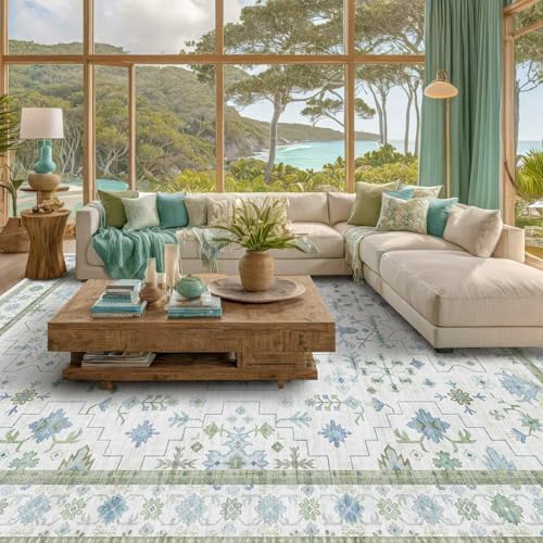 Oriental 10x14 Rug Living Room - Washable Oushak Boho Extra Large for Bedroom Non Slip Soft Faux Wool Carpet for Dining Room Playroom - Cream Blue and Green Floral Rug by HazoHaus