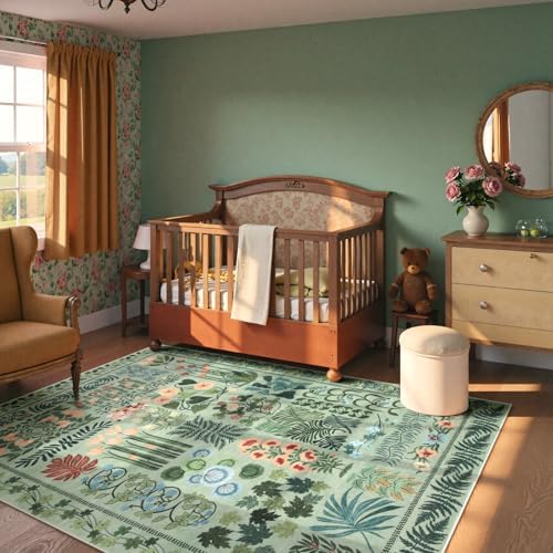 Zealude Floral Boho Washable 5x7 Area Rug for Living Room, Green Botanical Rug for Bedroom Dining Room Low Pile Non Slip, No Shed Large Carpet for Home Office Décor - Image 2
