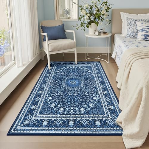 Lessymo 3 x 5 Area Rugs for Living Room, Washable Boho Carpets Blue White - Image 3