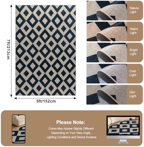 5×7 Easy Jute Rug Washable Rugs Low Pile Indoor Farmhouse Neutral Non Slip Rug Modern Carpet Door Mat for Backyard Bedroom Kitchen Porch Patio Black - Image 2