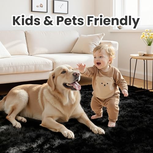 5x8 Fluffy Shag Area Rugs for Living Room Bedroom: Soft Plush Carpet Black - Image 4