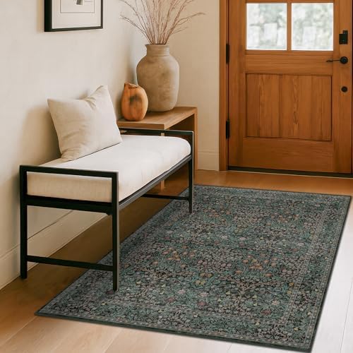 Dark Green 4x6 Entryway Rug, Washable Area Rug 4x6 for Living Room, Bedroom, Large Kitchen, Ultra Soft Non Slip Stain Resistance, Floral Distressed Aethestic Design by HazoHaus