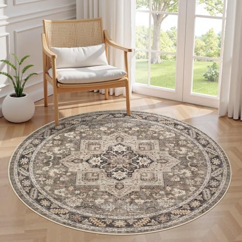 cotiled 5ft Round Living Room Area Rug, Washable, Traditional, Brown by COTILED
