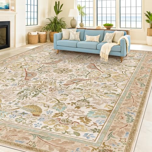 Washable Living Room Rug 8x10 - Country Style Beige Floral Area Rugs for Bedroom Under Bed, Dining Room Table Rug, Stain Resistant Non-Slip Neutral Farmhouse Décor with Light Blue and Green Accent - Image 6