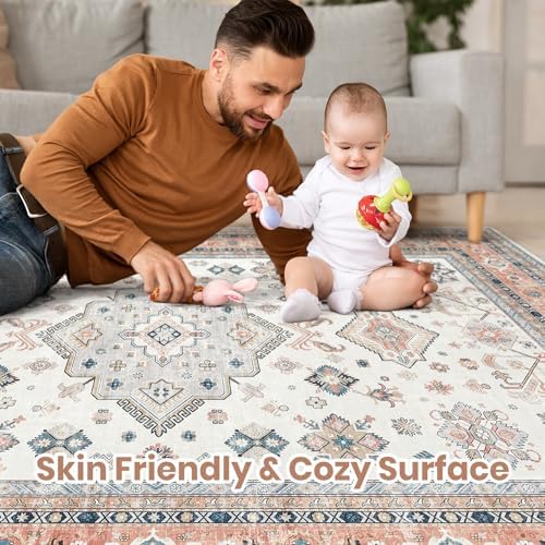 cotiled 9x12 Area Rug for Living Room, Washable, Traditional, Coral Pink - Image 3