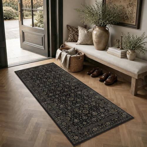 JOOJA 2x5 Black Gold Vintage Floral Low Pile Non Slip Washable Runner Rug - Image 2