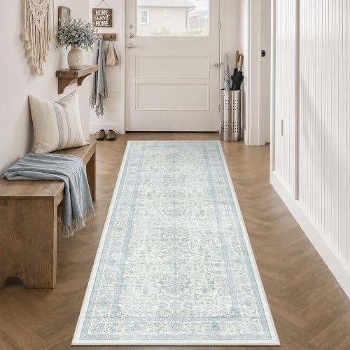 3x7 Washable Kitchen Runner Rug Non-Slip Vintage Blue Throw Carpet - Image 2
