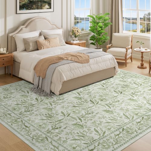 DUKINO 8x10 Area Rug Vintage Floral Washable Rug for Living Room Sage Green - Image 3