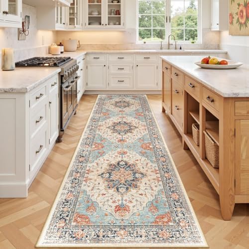 RELEANY Washable Area Rug, Runner 2'x7', Beige/Blue/Orange by RELEANY