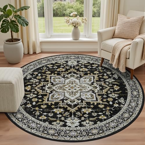 Round Area Rug for Living Room: 4ft Boho Washable Rug Black Gold - Image 2