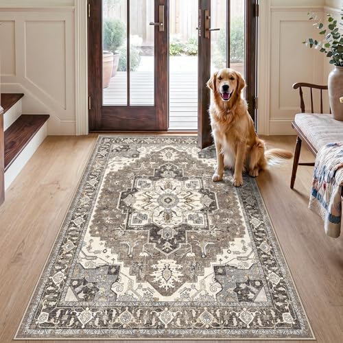 3x5 Washable Area Rug for Entryway: Non-Slip Kitchen Rugs with Rubber Backing for Living Room Vintage Low Pile Stain Resistant Carpet for Bedroom Soft Thin Floor Decor Mat for Dining Room (Beige,3x5) - Image 2