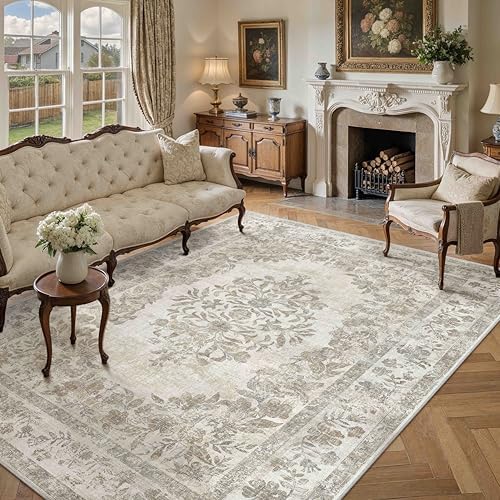 PureCozy 7x9 Washable Area Rug Living Room Cream Beige Vintage Large Carpet by PureCozy