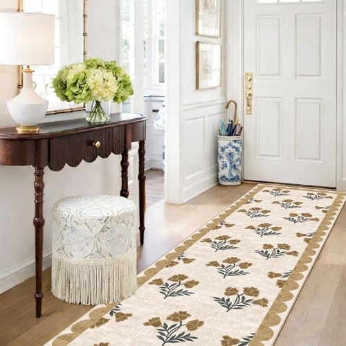 Non Slip Washable Hallway Runner Rug - 2x12 Extra Long Beige Kitchen Runner Rug Soft Boho Runners for Hallways Vintage Floral Scalloped Area Rug for Bedroom Entryway Foyer Stair Runner Decor - Image 6