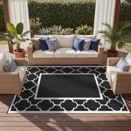 GENIMO Outdoor Rug, Waterproof Plastic Rugs for Patio, 8'x10' Black White - Image 5