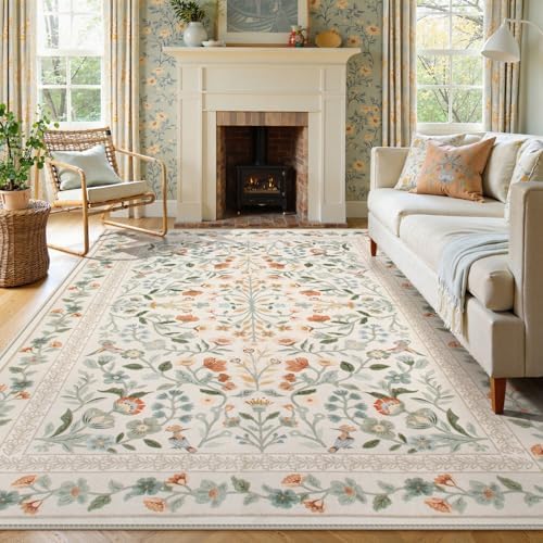 Lahome Beige Floral Washable Area Rug 9x12, Extra Large Botanical Carpet by Lahome