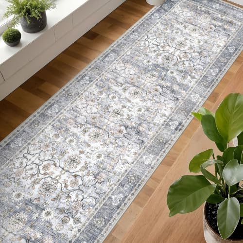 KUTA Vintage Washable Runner Rug 2.6x14 Kitchen Runners Grey Blue - Image 4