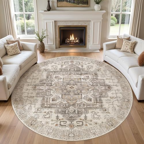 8x8 Square Area Rug: Washable Light Brown Area Rug for Living Room by ZUNTKON