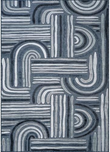 CAMILSON Indoor Outdoor Rug, Navy Blue 9x12 Geometric Arch Striped Large Area Rugs for Patio and Home Areas, Easy-Cleaning Non-Shedding Living Room, Garden and Deck Washable Outside Carpet (9 x 12) - Image 2