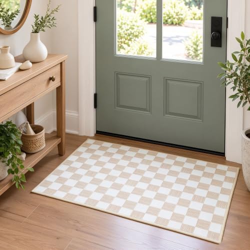 2x3 Checkered Area Rug for Living Room, Soft Low Pile Warm Taupe rugs by Unknown