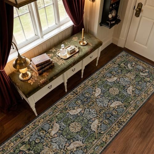 Floral Kitchen Runners - 2x7 Long Runner Rug for Hallway Bathroom Laundry Room Bedroom Beside Bed Entryway, Boho Birds Leaves Patterned Non Slip Low Pile Washable Rugs - Image 3