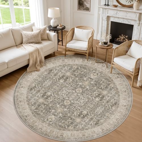 Round Area Rug Living Room: 8ft Neutral Washable Carpet Warm Taupe by Luxturiy