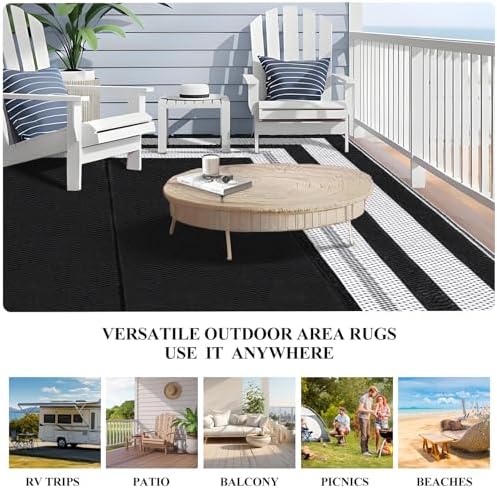 GAOMON Waterproof Plastic Straw Rug 9x12 Outdoor Rug for Patios Modern Bordered Lightweight Carpet Reversible Mat for Backyard Pool Deck Picnic Patio Porch RV Beach Trailer Camping Border-Black/White - Image 4