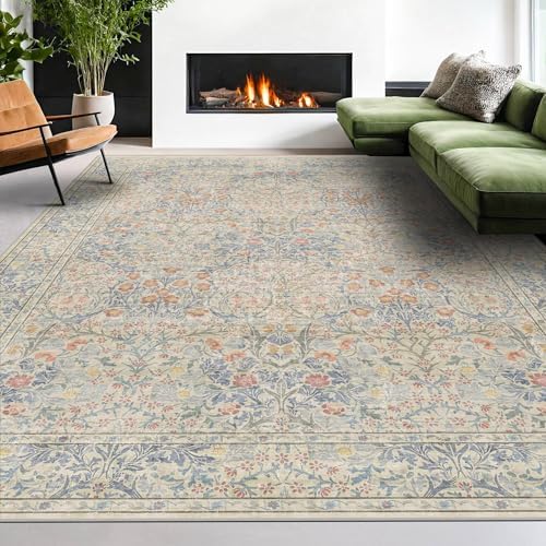 Washable Light Blue Bedroom Rug, 9x12 Area Rug for Living Room, Large Dining Room Rugs for Under Table, Soft Low Pile Non-Slip Stain Resistant Carpet - Vintage Floral Design (9x12 Beige Blue) - Image 3