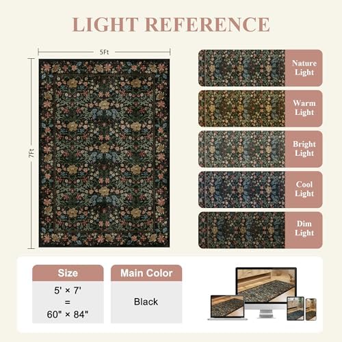 DUKINO 5x7 Area Rugs, Vintage Floral Washable Rug for Living Room, Black - Image 3