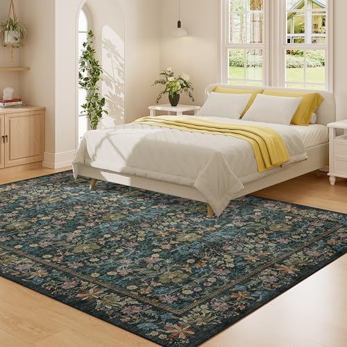 DUKINO 6x9 Area Rug, Vintage Floral Washable Rugs for Living Room, Blue - Image 2