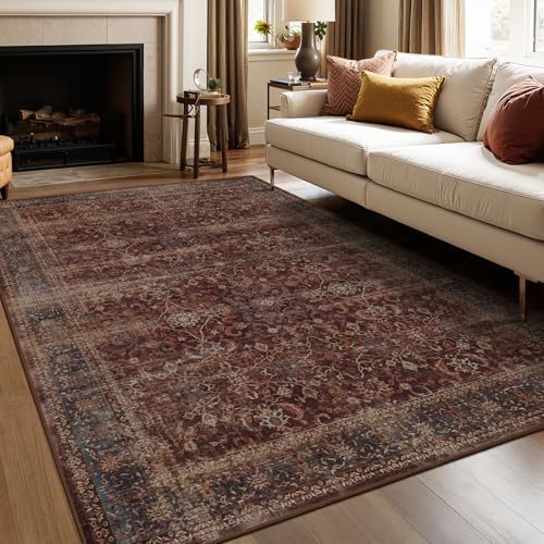 Brick Red 6x9 Rugs for Living Room, Earth Tone Area Rug for Bedroom Under Bed Non Slip, Washable Vintage Distressed Dining Room Rug Under Table Rustic Farmhouse, Low Pile Ultra Thin Soft by Jainmy