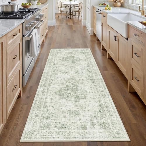 2.6x8 Washable Kitchen Runner Rug Soft Medallion Green Throw Carpet - Image 2