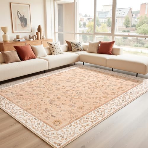 Goideal Peach Rug for Girls Room, 4x6 Floral Washable Area Rug Non Slip, Boho Low Pile Carpet with Rubber Backing for Bedroom Living Room Bathroom Playroom Nursery Office - Image 3