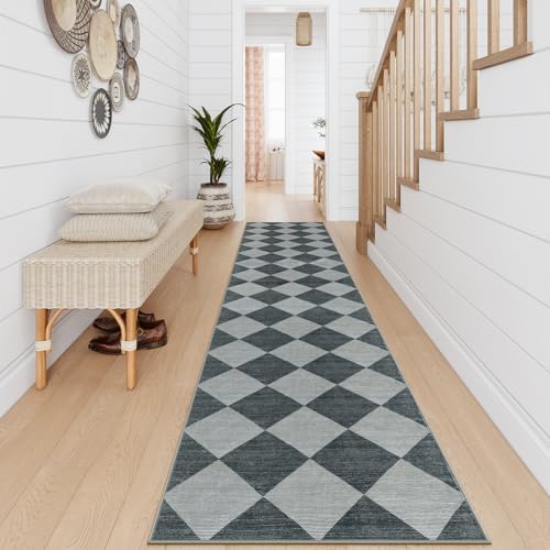 Beeiva Checkered Rug Runner for Hallways 2.5x12, Kitchen Runner Rugs Non Skid Washable Ultra Thin, Moroccan Extra Long Carpet for Bathroom Decor, Modern Plaid Carpet for Kitchen (Blue/Grey) - Image 4