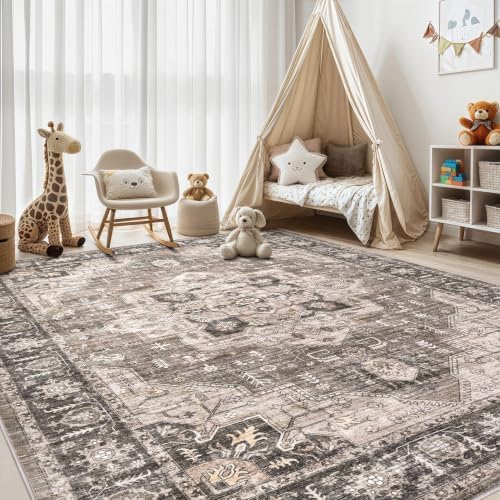 Washable 6x9 Area Rugs for Living Room: Soft Dark Brown Vintage Rug - Image 4