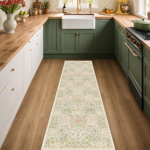 Beige Green Washable 2x8 Rug Runner Non Slip for Kitchen, Bathroom, Hallway - Image 3