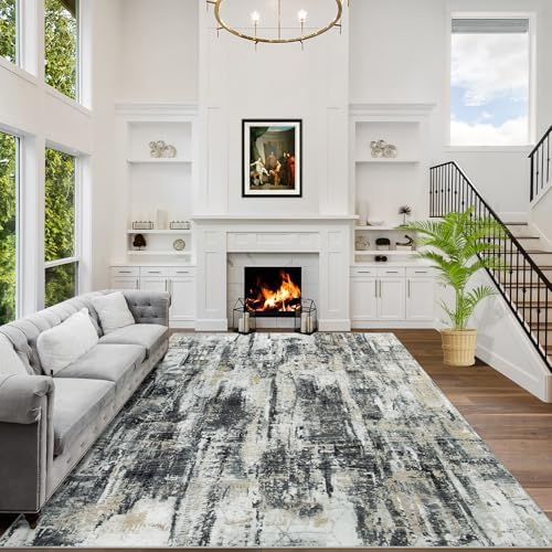 8x10 Area Rugs for Living Room: Washable Abstract Black Grey Gold Carpet by GENTDRIZZ