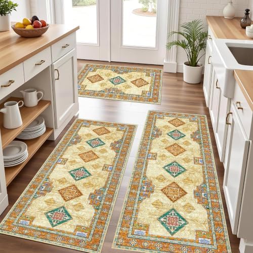 Kitchen Rugs Sets of 3 Non Slip Washable Kitchen Mats for Floor, Orange by Tritard