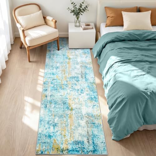 2x8 Teal Blue Rug Runners for Hallways Kitchen Runner Rug Non Slip Washable Black Long Runner Rugs with Rubber Backing Soft Abstract Carpet Runner for Bedroom, Kitchen, Bathroom, Entryway - Image 3