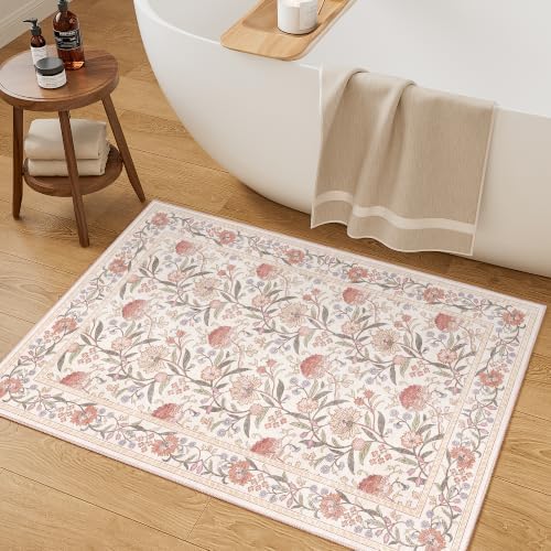 DUKINO 2x3 Rug, Washable Vintage Floral Bathroom Rugs Non Slip, Beige Pink - Image 5