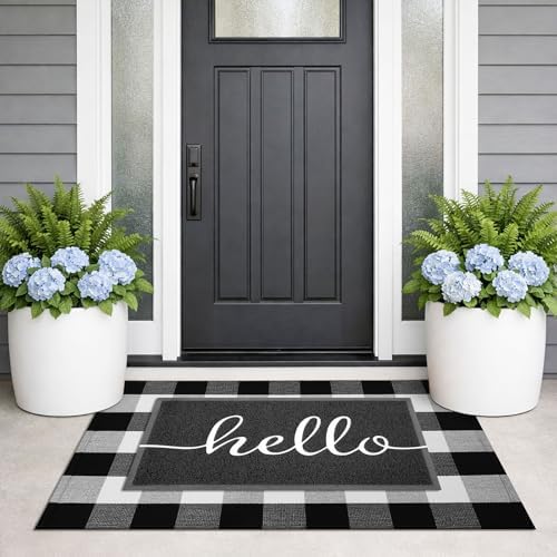 KILOCOCO Buffalo Plaid Checkered Rug 27.5x43 in Black White Front Door Rug - Image 3