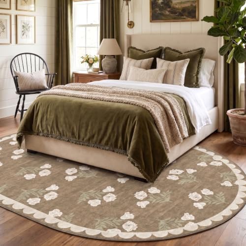 5x8 Living Room Oval Rug - Tan Floral Scalloped Bedroom Area Rug - Image 4