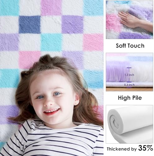 KICMOR Purple Rainbow Checkered 5x7 Area Rugs for Living Room, Colorful Fluffy Soft Fuzzy Shag Shaggy Bedroom Carpet, Cute Indoor Furry Plush Rug for Kids Girls Dorm Nursery Home Decor Aesthetic - Image 2