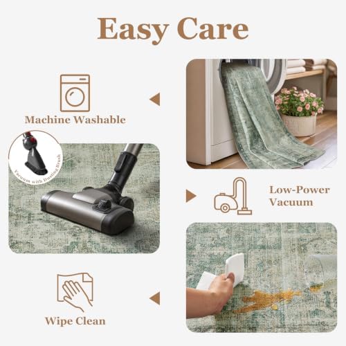 Muted Green Living Room Rug 6x9, Washable Non Slip Rug for Dining Room, Low Pile Thin Vintage Distressed Medallion Carpet Rugs for Bedrom Home Office Den, Collocated with Organic Modern Decor - Image 5