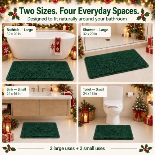 2 Piece Bath Rugs for Bathroom Non Slip - Soft Plush Shaggy Mats Floor, Indoor Entryway Extra Soft Chenille Bath Mat Absorbent Bathroom Rug（Dark Green） - Image 3