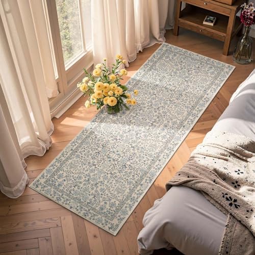 jinchan 2x6 Washable Hallway Runner Rug, Floral Non-Slip, Blue/Cream - Image 4
