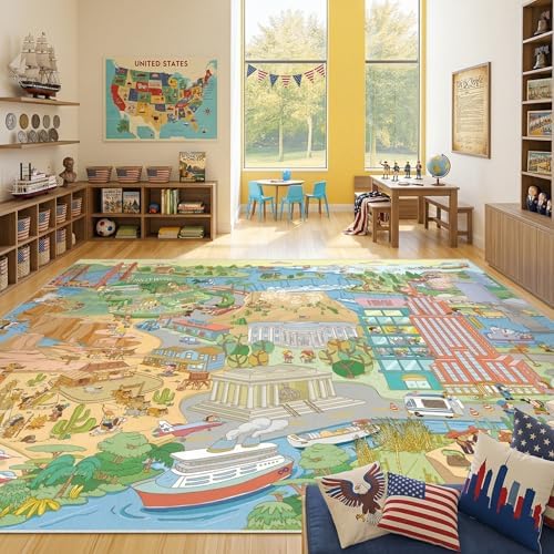 Patriotic Large 8x10 Kids Playroom Rug – North America Geography Carpet with Landmarks, Wildlife & U.S. Presidents – Giant Educational Area Rug for Homeschool, Daycare, Classroom, or Pretend Play Area by HazoHaus